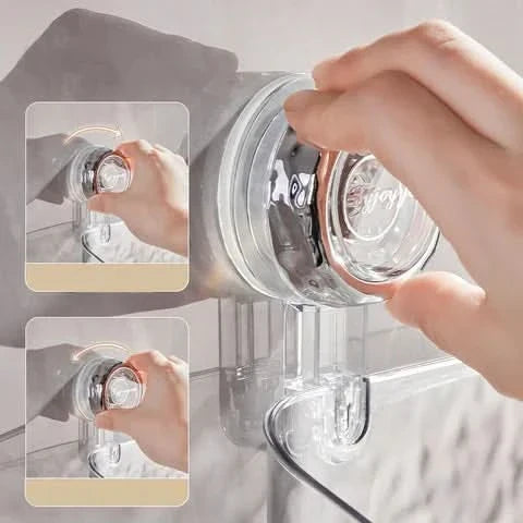 Sugkoppshylla för badrum, smart organiseringslösning för schampo och duschprodukter. Modern badrumsinredning.