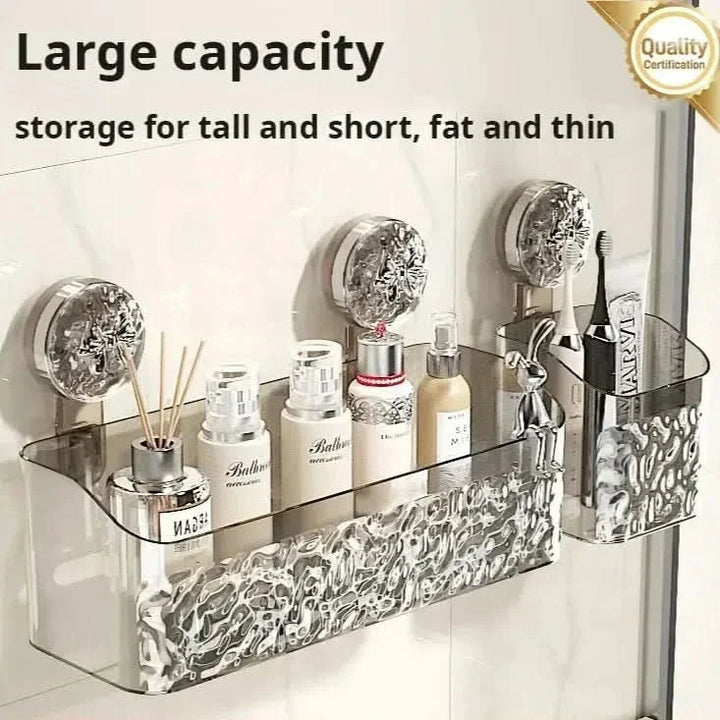 Modern sugkoppshylla för badrum, idealisk för schampo, balsam och svampar. Smart och utrymmessparande design.