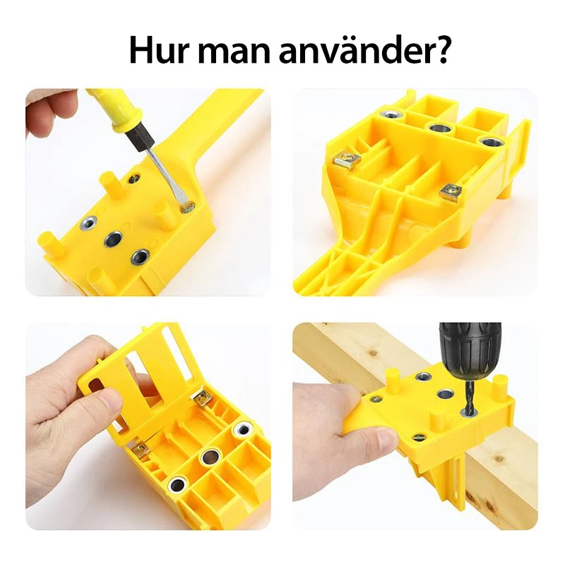 "Borrjigg för hantverkare, justerbar och precis, i slitstarkt plast och metall för snabb och exakt borrning."