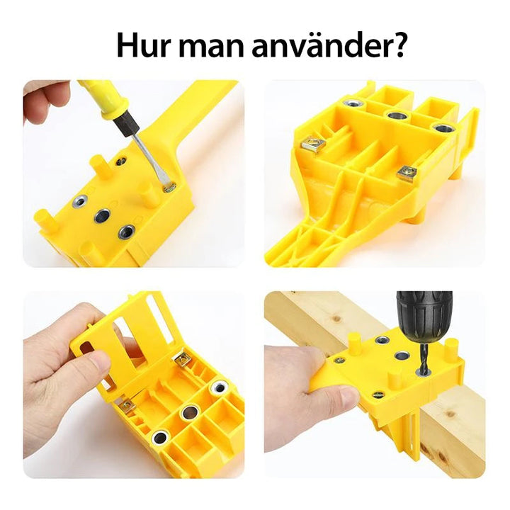 "Borrjigg för hantverkare, justerbar och precis, i slitstarkt plast och metall för snabb och exakt borrning."