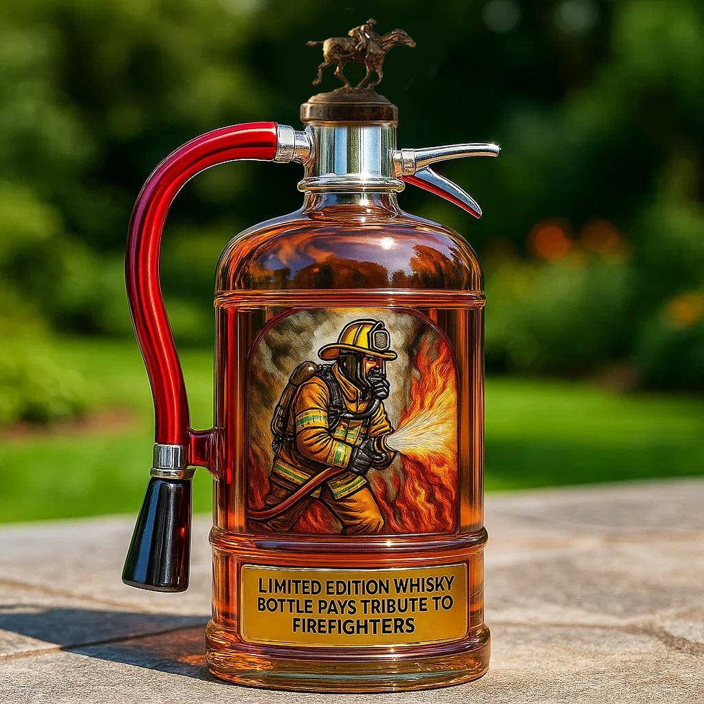 Elegant glasflaska, whiskyflaska som exklusiv brandmansgåva eller present till modig kille.