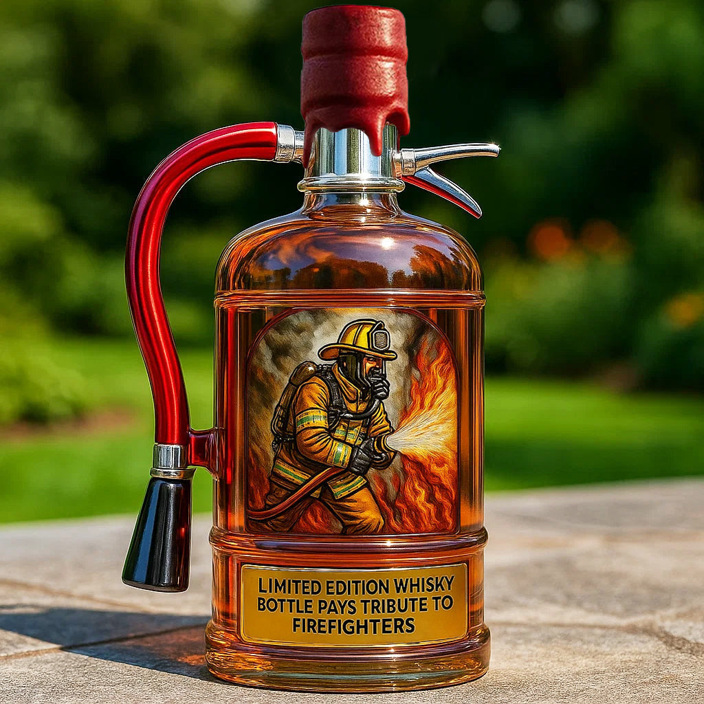 Exklusiv glasflaska med brandmanstema, unik whiskyflaska som stilren hyllning till mod och hjältar.