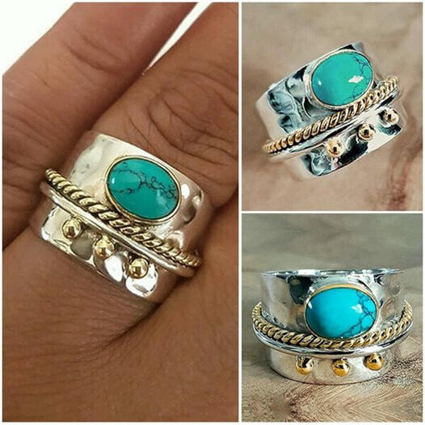 Bred silverring med turkos sten, vintage design. Perfekt för kvinnor som söker elegant accessoar.