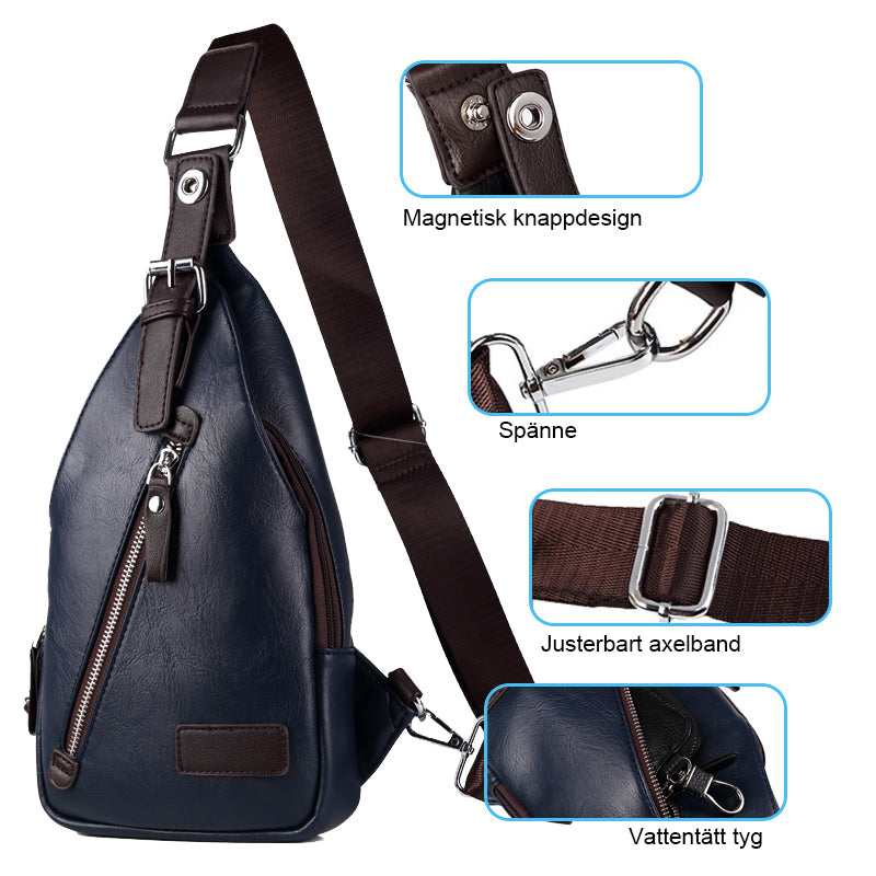 "Brun Crossbody läderväska för män, stilren design med robusta beslag och rymlig huvudficka, perfekt för vardagsbruk."