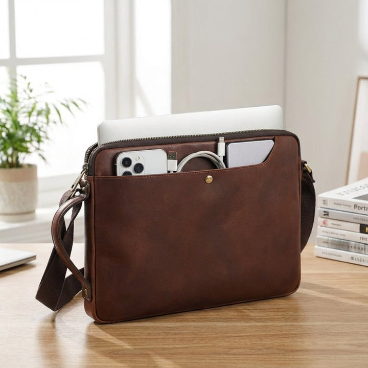 Brun herr laptopväska i läder med axelrem för professionell stil och säker transport av Macbook/bärbar dator.
