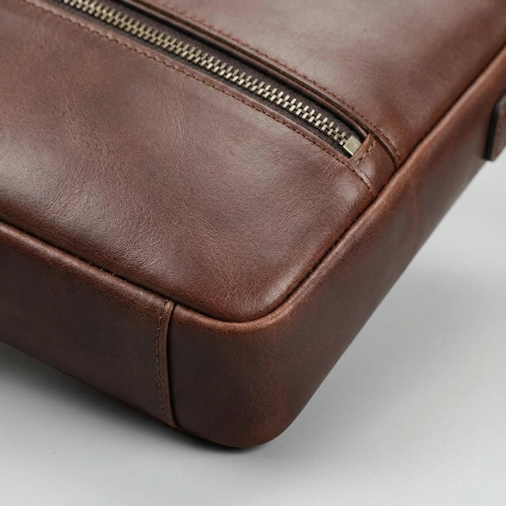 Elegant läder laptopväska för herr. Brun arbetsväska med fack för organisering och skydd för bärbar dator.