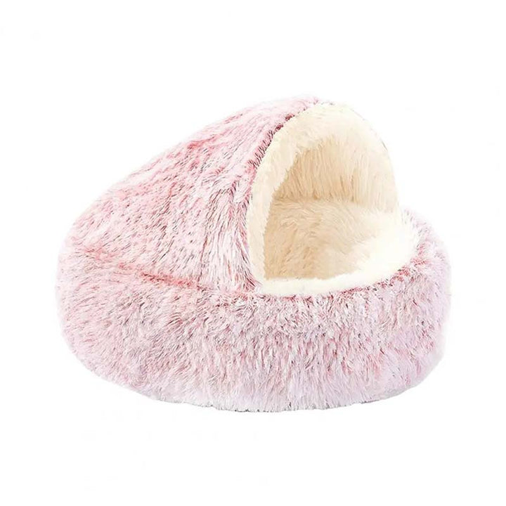 Grå kattbädd med tak. Bekväm kattsäng i plysch, mysig grotta för vila och trygghet.