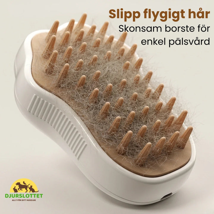 Husdjursborste med ånga för friskare päls. Enkel att använda för att ta bort löst hår från hund och katt.