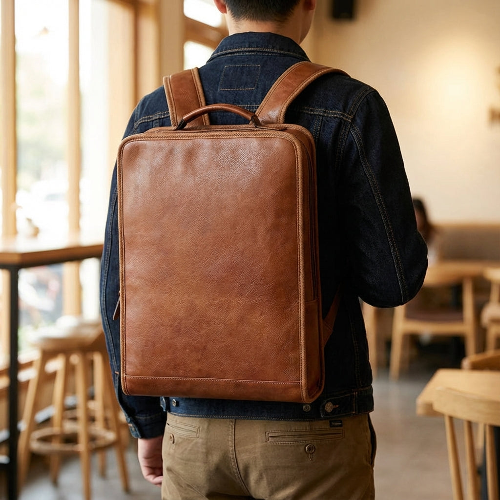 Brun strukturerad laptopryggsäck för män. Elegant och organiserad arbetsryggsäck perfekt för pendling och affärer.