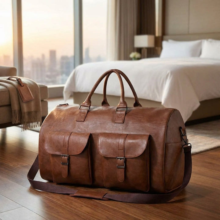 Brun unisex weekendväska, stor resväska med integrerat skofack. Perfekt handbagage för organiserad resa.