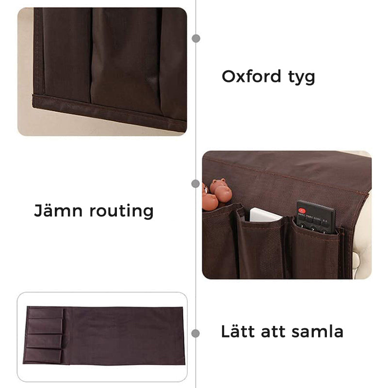 "Brun/grå/svart förvaringsväska i Oxfordduk för soffarmstöd, hållbar och kompakt, perfekt för organisering i vardagsrummet."