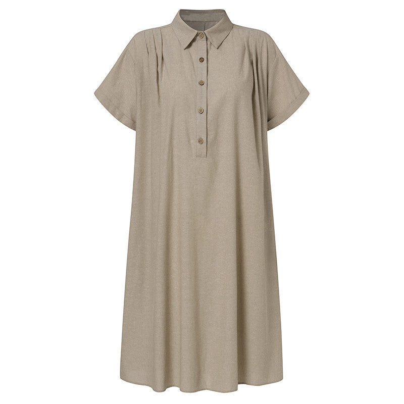 Casual dam skjortklänning i bomull-linne med fickor och V-ring, enfärgad design, perfekt för sommarens äventyr.
