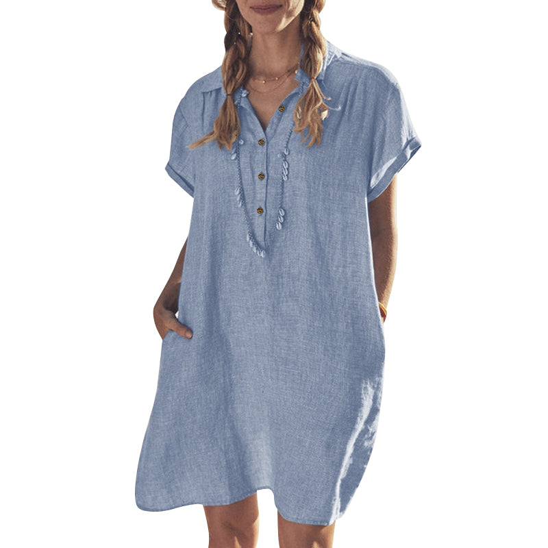 Casual dam skjortklänning i bomull-linne med fickor och V-ring, enfärgad design, perfekt för sommarens äventyr.