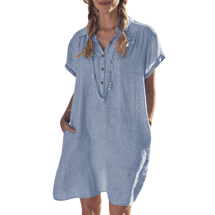 Casual dam skjortklänning i bomull-linne med fickor och V-ring, enfärgad design, perfekt för sommarens äventyr.