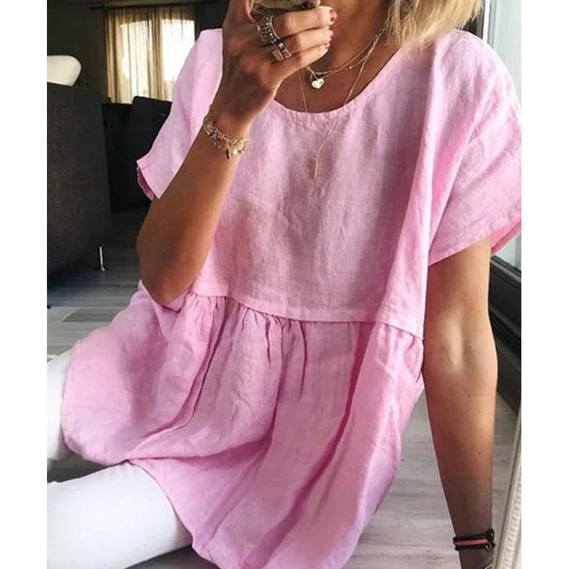 "Casual dam T-shirt i bomull och linne med korta ärmar, tillgänglig i olika färger och storlekar, enfärgad design."