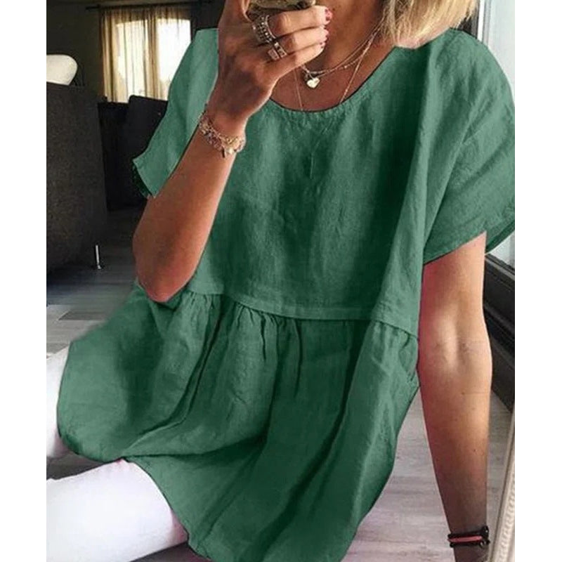 "Casual dam T-shirt i bomull och linne med korta ärmar, tillgänglig i olika färger och storlekar, enfärgad design."