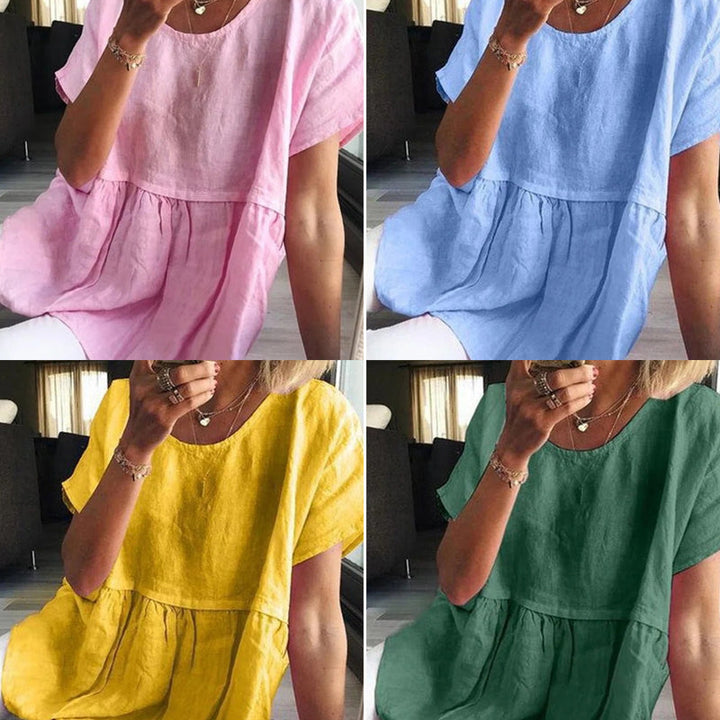 "Casual dam T-shirt i bomull och linne med korta ärmar, tillgänglig i olika färger och storlekar, enfärgad design."