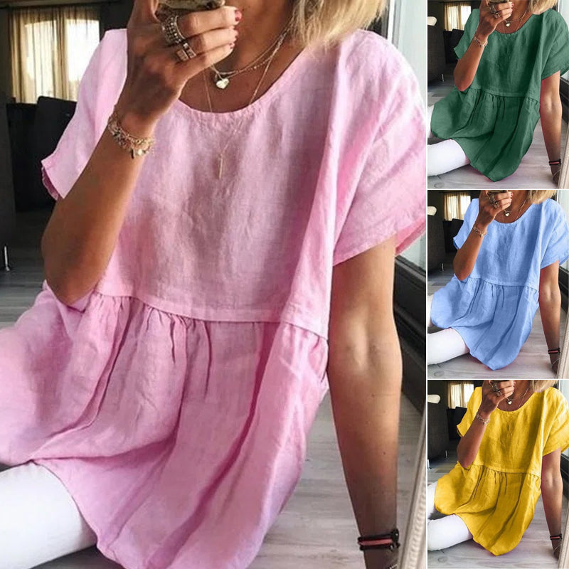 "Casual dam T-shirt i bomull och linne med korta ärmar, tillgänglig i olika färger och storlekar, enfärgad design."