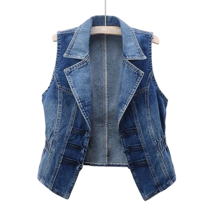 Casual damväst i denim, ärmlös med öppen front, perfekt som lagerplagg för sommar och vår.