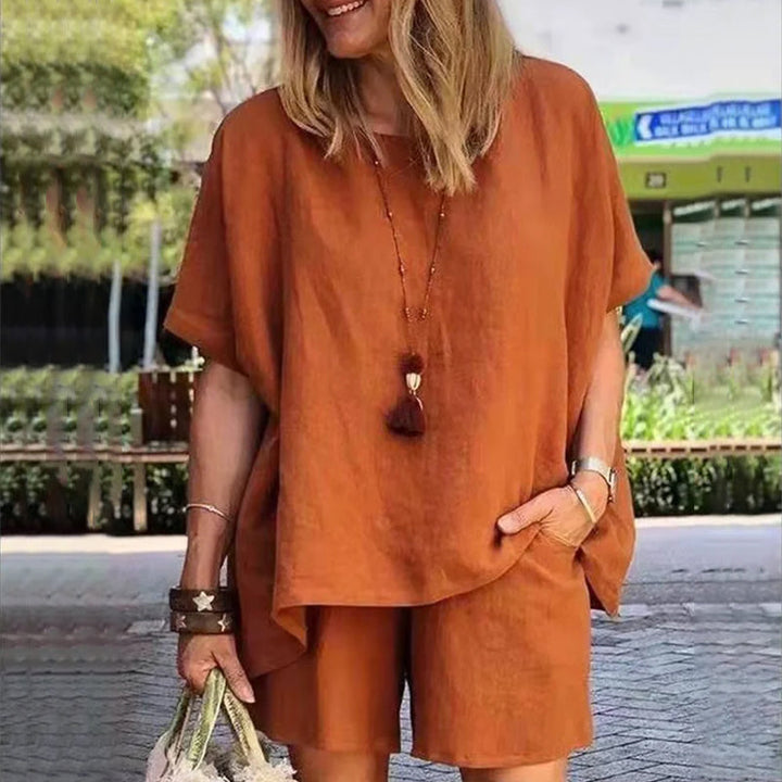 "Casual T-shirt set för kvinnor, bomull och linne, elastiskt midjeband, sidfickor, finns i flera färger."