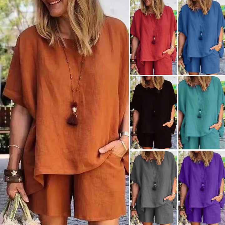 "Casual T-shirt set för kvinnor, bomull och linne, elastiskt midjeband, sidfickor, finns i flera färger."