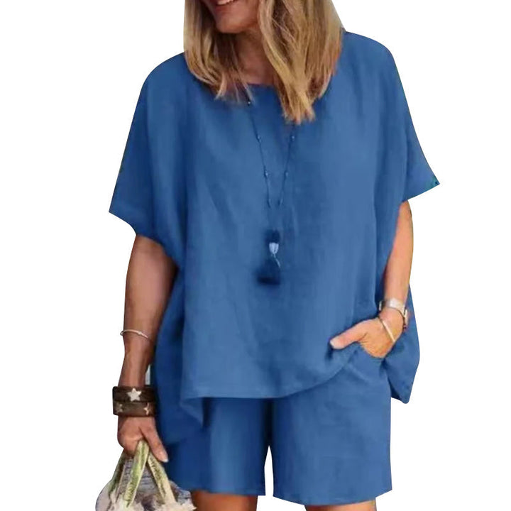 "Casual T-shirt set för kvinnor, bomull och linne, elastiskt midjeband, sidfickor, finns i flera färger."
