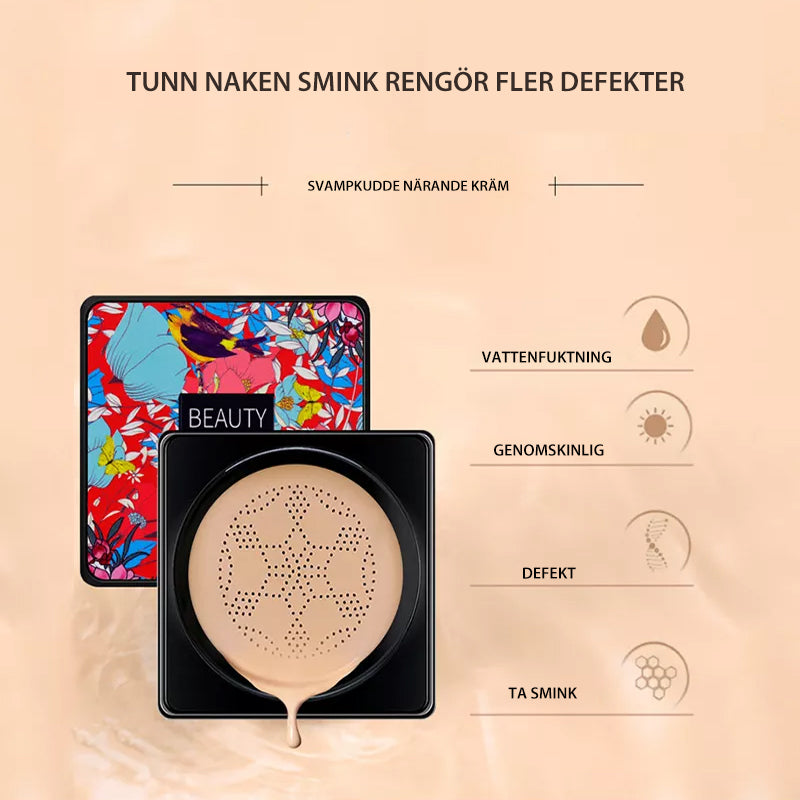 "CC-kräm för alla hudtyper med svampborste, beige tub samt svamphuvud för jämn applicering och naturligt silkeslent resultat.