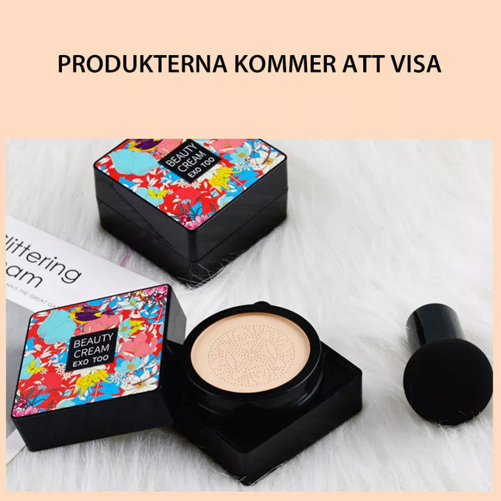 "CC-kräm för alla hudtyper med svampborste, beige tub samt svamphuvud för jämn applicering och naturligt silkeslent resultat.