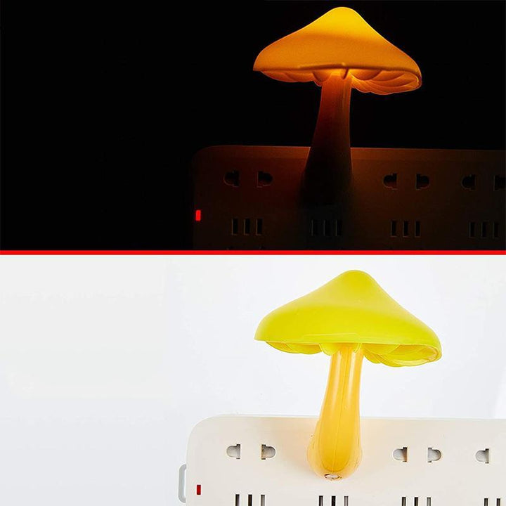 "Charmig gul svampformad nattlampa med LED-belysning, skapar mysig atmosfär, kompakt design, placeras enkelt."