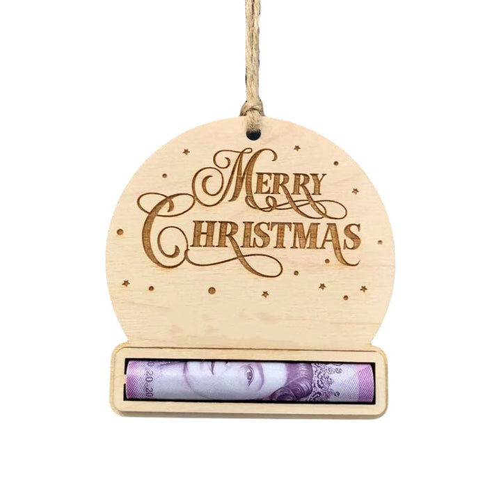 "Charmig handgjord julpengahållare i trä med färgstark design, perfekt för minnesvärda julgåvor, rymmer sedlar."