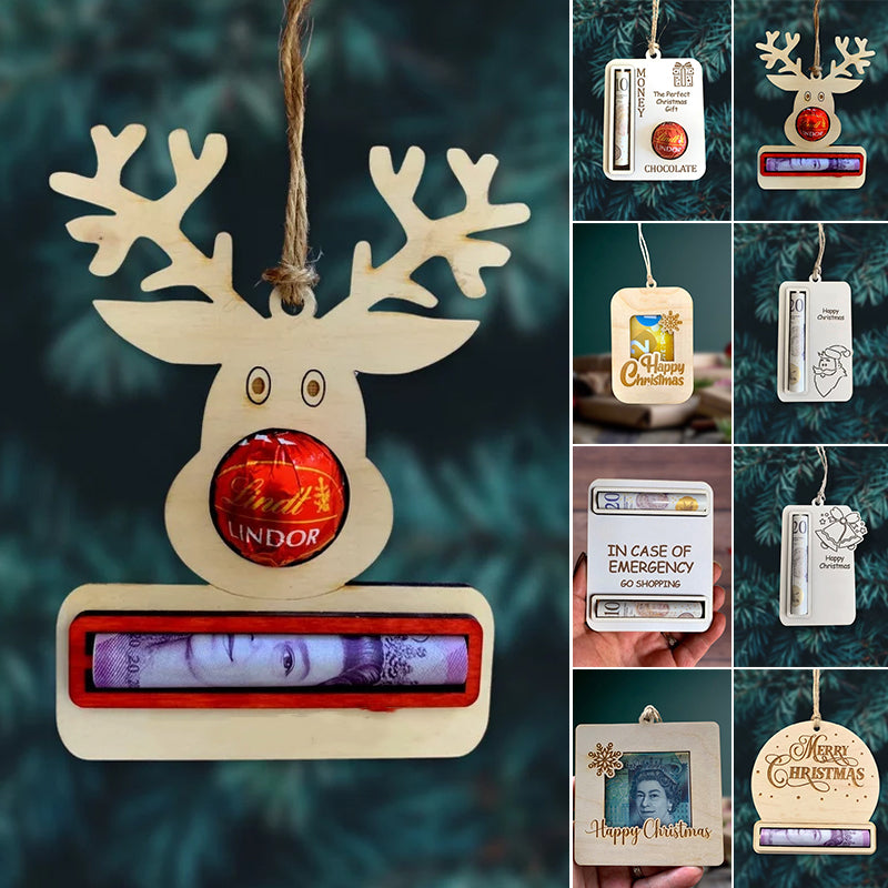 "Charmig handgjord julpengahållare i trä med färgstark design, perfekt för minnesvärda julgåvor, rymmer sedlar."