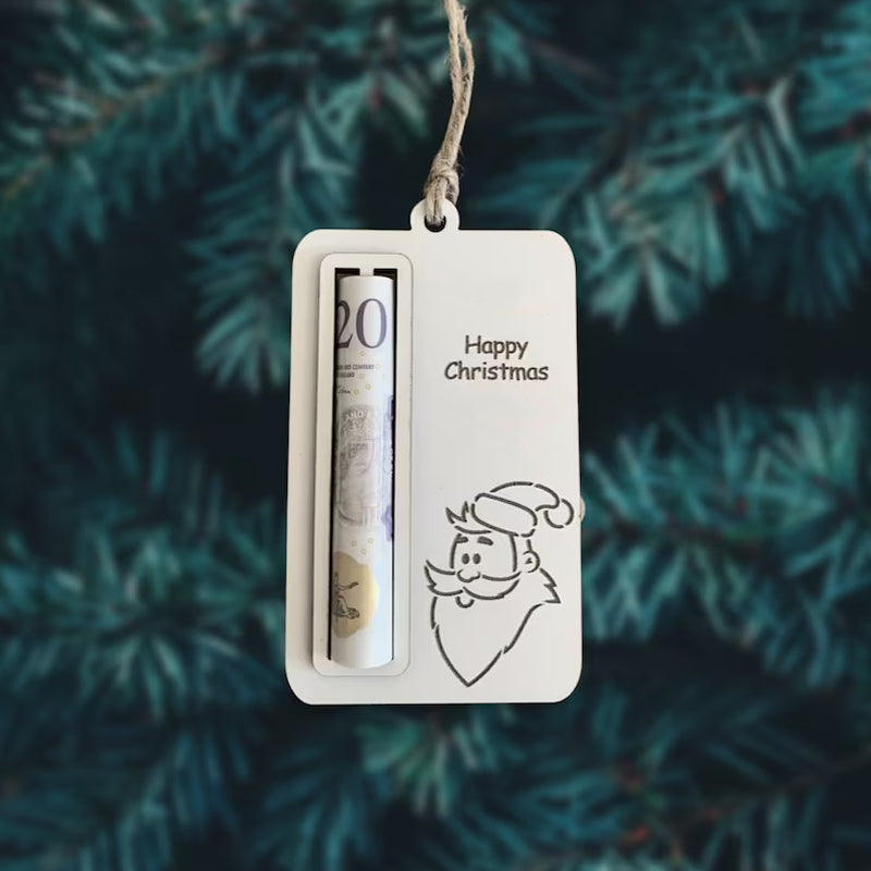 "Charmig handgjord julpengahållare i trä med färgstark design, perfekt för minnesvärda julgåvor, rymmer sedlar."