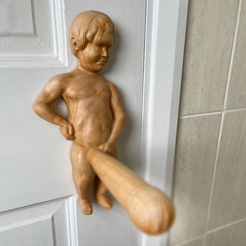 "Charmig trätoalettpappershållare, unik humoristisk design, praktisk för badrum. Perfekt för att liva upp heminredningen."