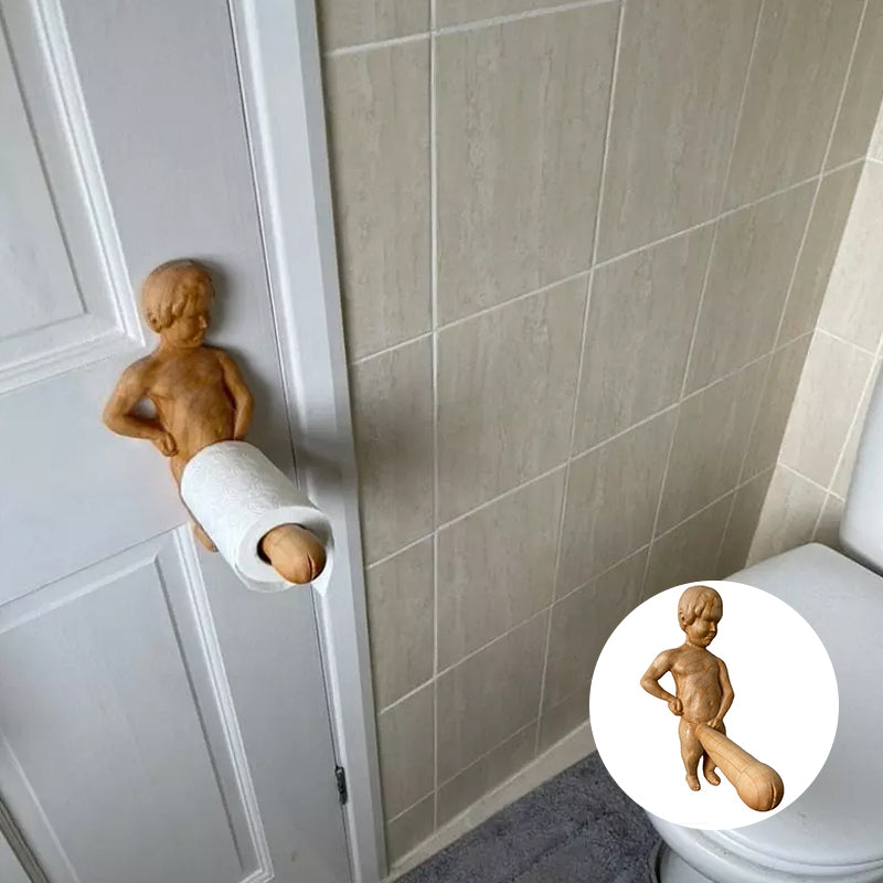 "Charmig trätoalettpappershållare, unik humoristisk design, praktisk för badrum. Perfekt för att liva upp heminredningen."