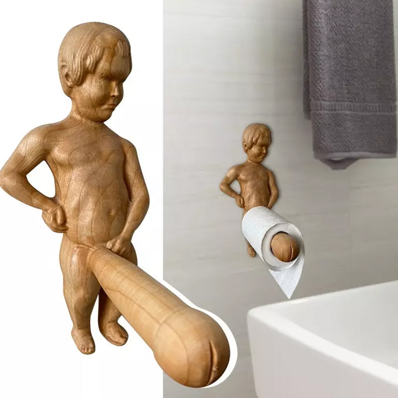 "Charmig trätoalettpappershållare, unik humoristisk design, praktisk för badrum. Perfekt för att liva upp heminredningen."