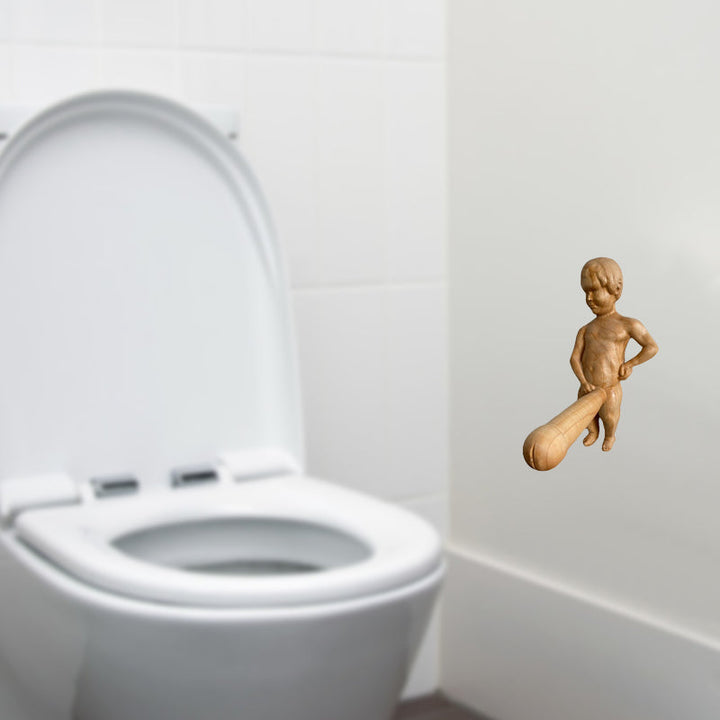 "Charmig trätoalettpappershållare, unik humoristisk design, praktisk för badrum. Perfekt för att liva upp heminredningen."