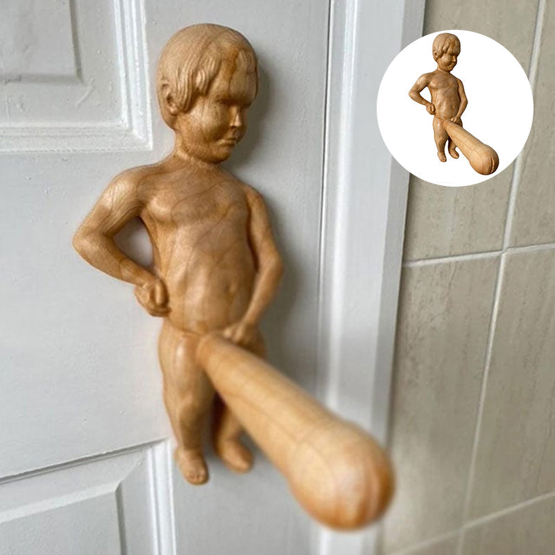 "Charmig trätoalettpappershållare, unik humoristisk design, praktisk för badrum. Perfekt för att liva upp heminredningen."