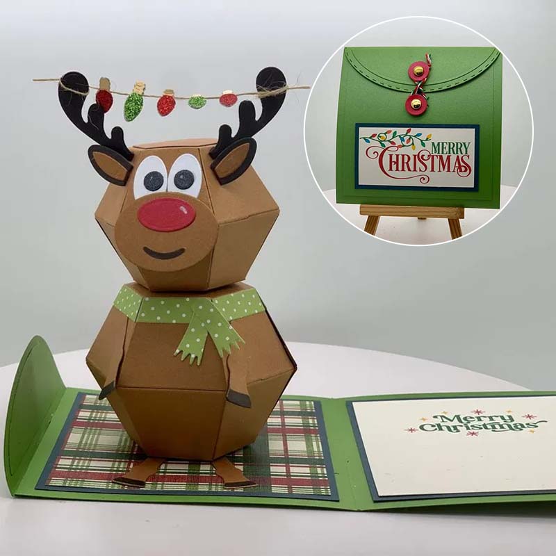 "Charmigt 3D Pop Up julkort med snögubbe och renar, färgglad scen som sprider julglädje."
