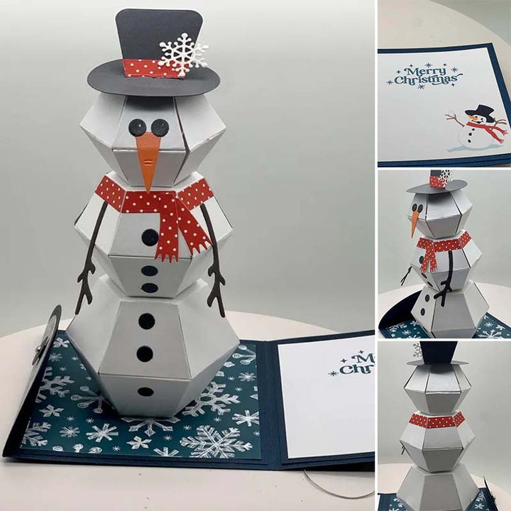"Charmigt 3D Pop Up julkort med snögubbe och renar, färgglad scen som sprider julglädje."