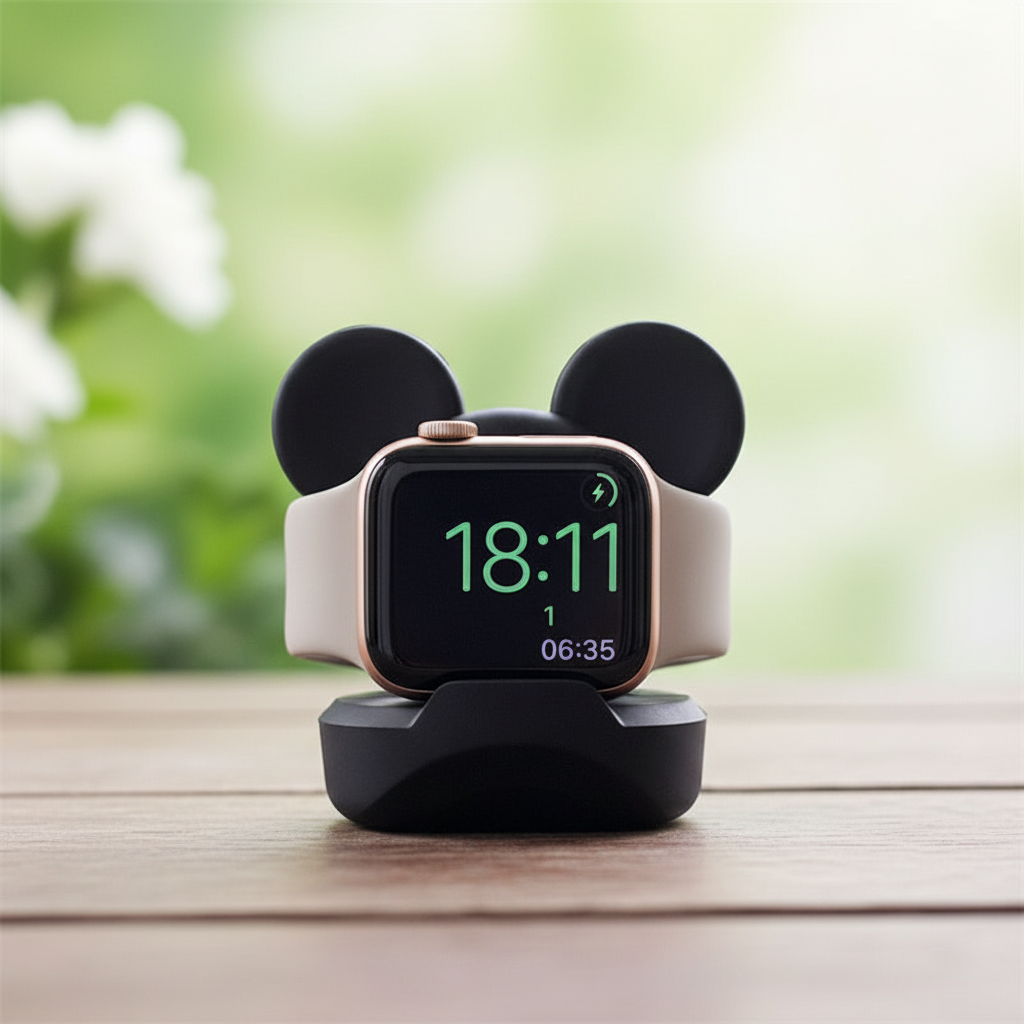 Charmigt silikon laddställ björn för Apple Watch. Söt design som håller din klocka säker vid laddning.