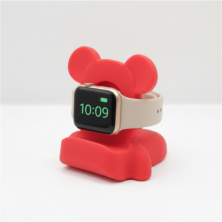 Kompakt silikon laddställ björn för Apple Watch. Håller din smartwatch på plats under laddning.