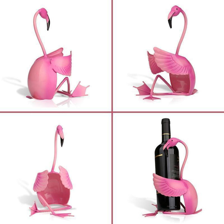 "Chic flamingo vinhållare i rosa metall, perfekt för elegant och lekfull inomhusdekoration, passar en vinflaska."