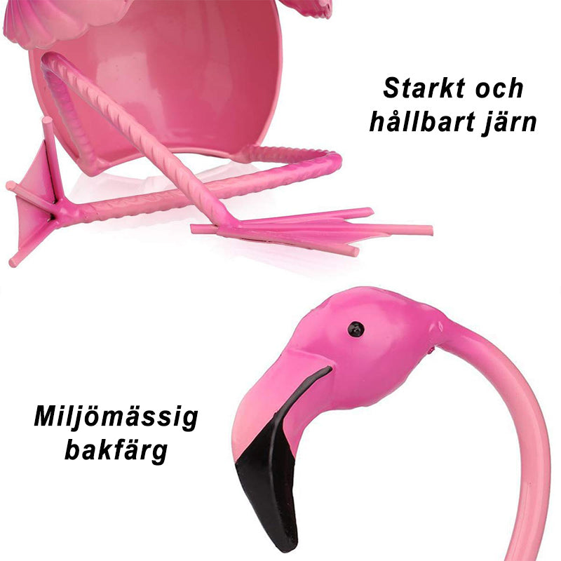 "Chic flamingo vinhållare i rosa metall, perfekt för elegant och lekfull inomhusdekoration, passar en vinflaska."