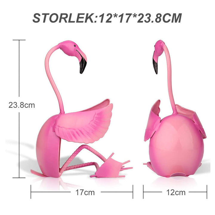 "Chic flamingo vinhållare i rosa metall, perfekt för elegant och lekfull inomhusdekoration, passar en vinflaska."