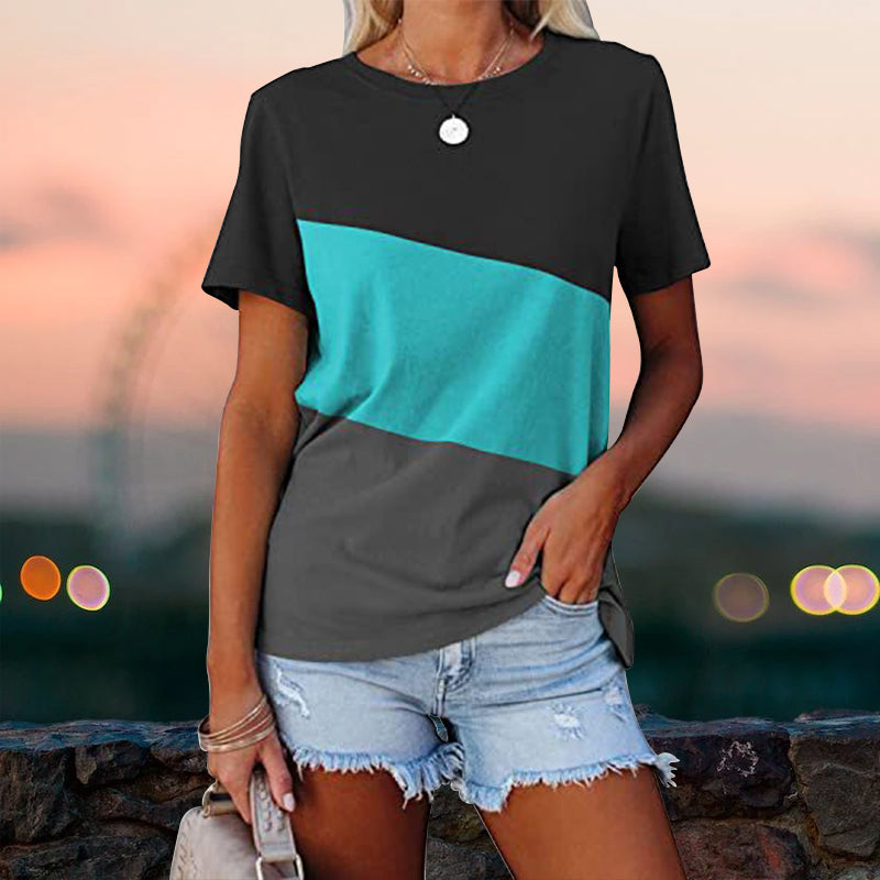 "Colorblock dam t-shirt med rund hals, kortärmad design, tryckt mönster, polyester, perfekt för sommaren."
