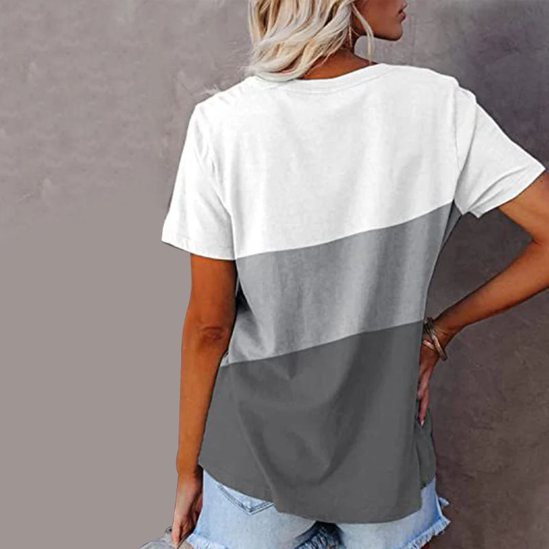"Colorblock dam t-shirt med rund hals, kortärmad design, tryckt mönster, polyester, perfekt för sommaren."