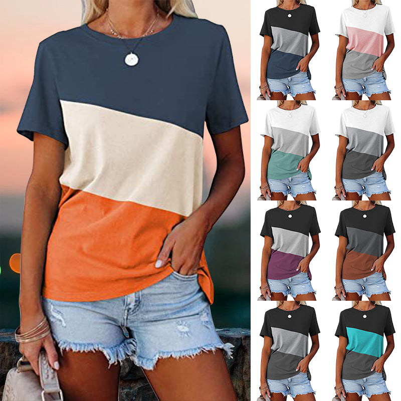 "Colorblock dam t-shirt med rund hals, kortärmad design, tryckt mönster, polyester, perfekt för sommaren."