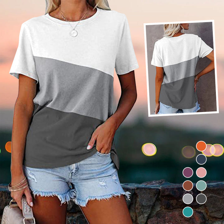 "Colorblock dam t-shirt med rund hals, kortärmad design, tryckt mönster, polyester, perfekt för sommaren."