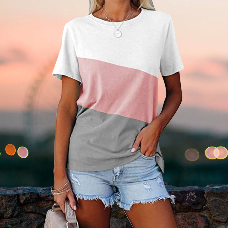 "Colorblock dam t-shirt med rund hals, kortärmad design, tryckt mönster, polyester, perfekt för sommaren."