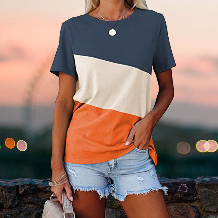 "Colorblock dam t-shirt med rund hals, kortärmad design, tryckt mönster, polyester, perfekt för sommaren."